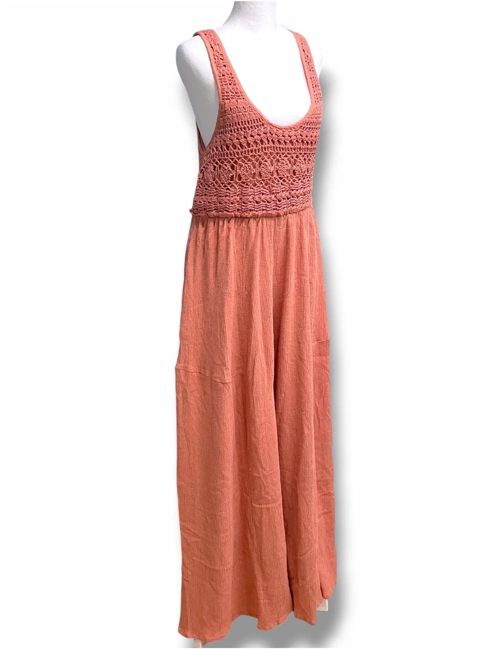 Free People Soleil Jumpsuit Crochet Wide Leg Open Back Boho Peach Size M NWT